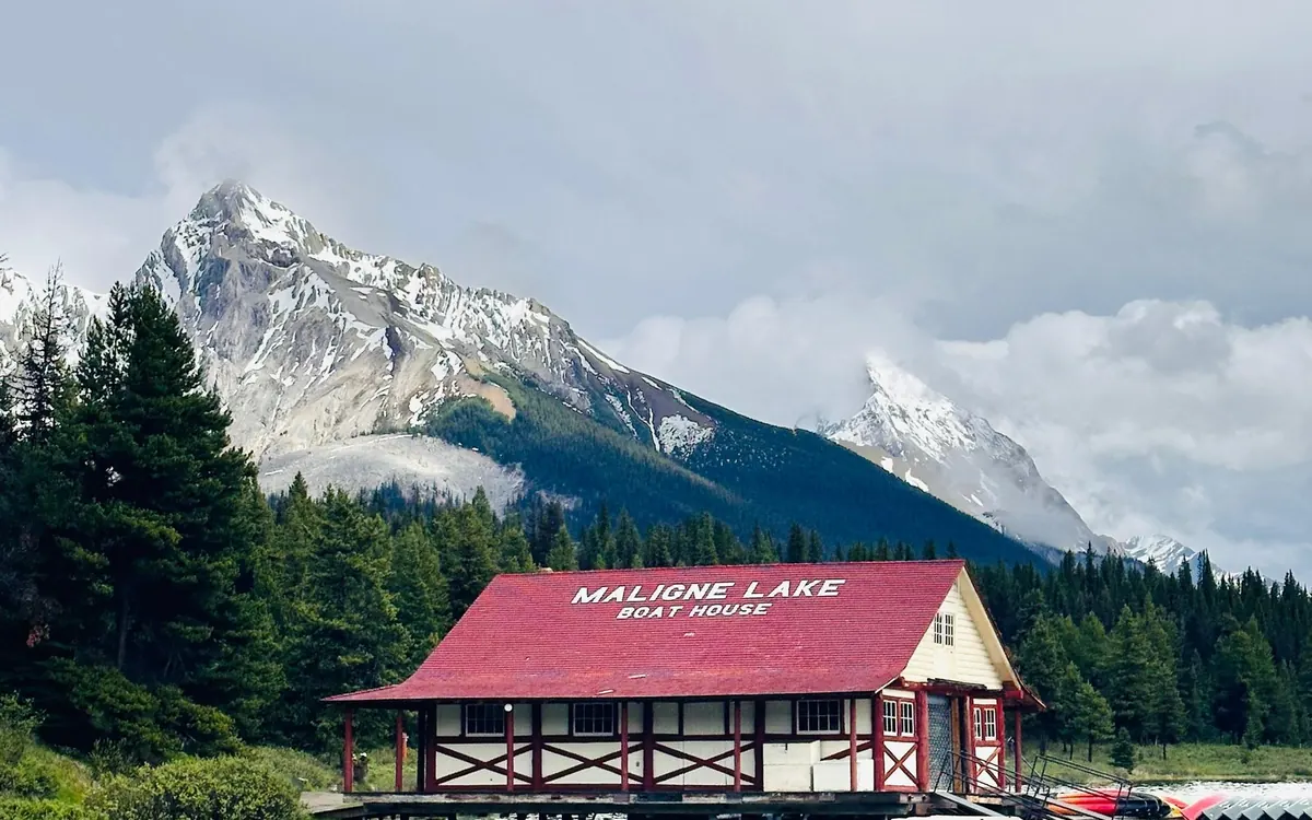 The historic boathouse at the north end of Maligne Lake